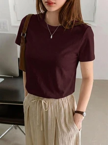 DAZY Women's Solid Color Round Neck Casual Versatile Short Sleeve T-Shirt - Burgundy - View 6