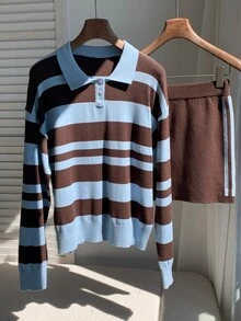 Comfortcana Women's Striped Long Sleeve Polo Collar Sweater And Knitted Skirt 2 Pieces Set - Multicolor - View 6