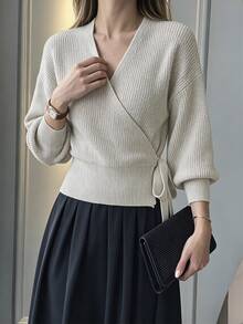 SHEIN PariChic Women's Solid Color Long Sleeve Side Knot Casual Knit Cardigan - Apricot - View 3