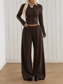 SHEIN EZwear طقم نسائي بلون موحد بأكمام طويلة و بنطال كاجوال للاستخدام اليومي - بني - مشاهدة 3