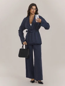 SHEIN Tall Women Fashion Striped Wrap Jacket And Casual Pants 2 Pieces Set, Office Business Commute Suit, Grey In Fall/Winter - Navy Blue - View 6