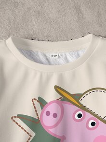 Peppa Pig X SHEIN 小男孩卡通印花圓領長袖衛衣與運動長褲休閒套裝 - 白色 - 查看 4