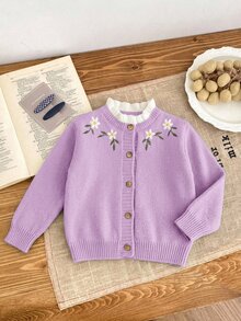 SHEIN 女童針織刺繡拼色立領休閒秋季開襟衫 - 紫色 - 查看 3