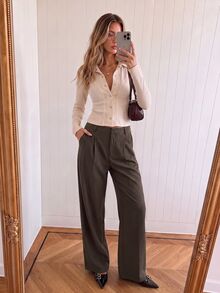 Avantive Women's Solid Color Asymmetric Button Placket Pocket Casual Suit Pants - Rust Brown - View 10
