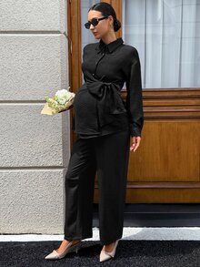 SHEIN 孕婦純色單排扣蝴蝶結前綁帶長袖上衣與長褲兩件套 - 黑色 - 查看 9