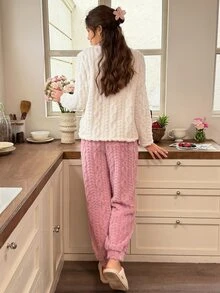 Snug Reverie Sweet Women's New Winter Thickened Fleece Cute Pajama Set - Pink - View 2