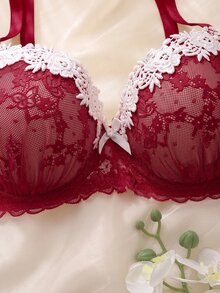 DelicateAllure Underwire Molded Cup High Support Push Up Lift Comfy Balconette Lace Trim Mesh Patchwork Pure Romantic Elegant Exquisite Plus Size Bra - Red - View 4