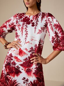 LOTSLUV Women's Autumn Elegant Commute, Red And White Landscape Positioning Print, Round Neck Puff Sleeve, Loose Fit Printed Short Dress - Red and White - View 6
