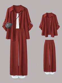 SHEIN LUNE 大尺碼女款休閒兩件套，純色捲袖單排扣休閒通勤襯衫搭配高腰寬鬆寬腿長褲 - 紅木色 - 查看 1
