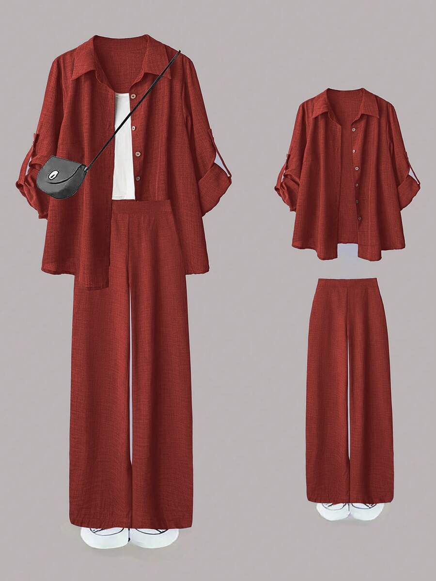 SHEIN LUNE 大尺碼女款休閒兩件套,純色捲袖單排扣休閒通勤襯衫搭配高腰寬鬆寬腿長褲 - 紅木色 - 查看 1