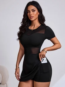 Slayform Women's Solid Color Contrast Mesh Short Sleeve Sports Dress With Shorts - Black - View 1