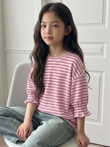 DAZY Tween女孩杏色針織條紋短袖圓領秋季燈籠袖寬鬆T恤 - 粉色 - 查看 5