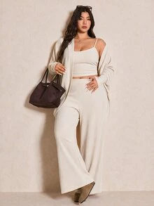 Elaquor 大尺碼女款 3 件套：休閒純色蝙蝠袖外套、細肩帶背心與寬腿長褲，適合春季與秋季日常通勤 - 杏色 - 查看 7