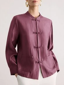 Aveloria Modichic 芥黃色緞面新中式立領盤扣夾克，復古禪意唐裝外套 - 紫色 - 查看 3