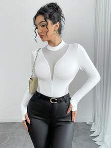SHEIN Raffinéa 女款時尚透視網紗拼接長袖手指孔連身衣 - 白色 - 查看 5