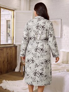 Serenescape Minimalist Floral Print Plus Size Long Sleeve Robe - Apricot - View 2