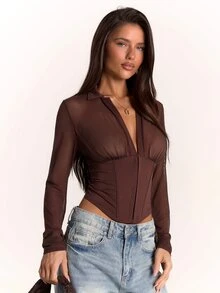 SHEIN BAE Women's Solid Color Zipper Slim Fit Versatile Daily Wear Long Sleeve Top - Brown - View 5