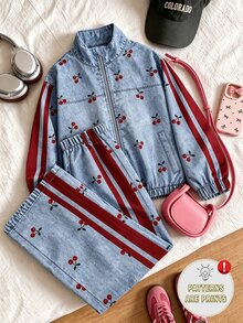 SHEIN 青少年女孩秋冬櫻桃仿牛仔印花拉鍊運動夾克與寬腿長褲2件套 - 藍色 - 查看 1