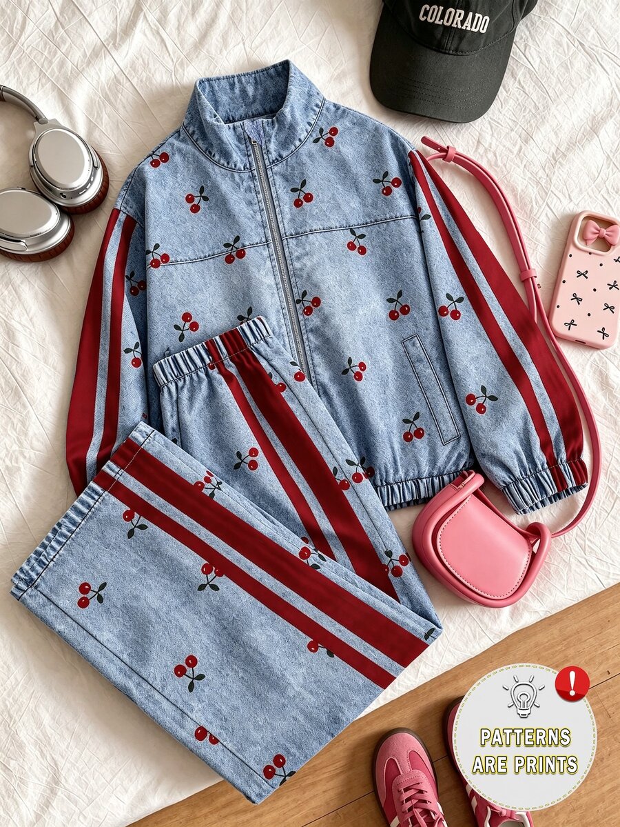 SHEIN 青少年女孩秋冬櫻桃仿牛仔印花拉鍊運動夾克與寬腿長褲2件套 - 藍色 - 查看 1