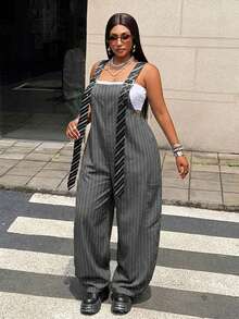 SHEIN CURVE+ Plus Size Khaki Striped Adjustable Strap Loose Wide Leg Cargo Overalls, Y2K, Utility Style, Casual Everyday, Comfortable - Multicolor - View 6