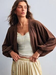 Willow Rêve Women's Brown Drop Shoulder Long Sleeve Sweatshirt Jacket Suitable For Daily Wear - Brown - View 1