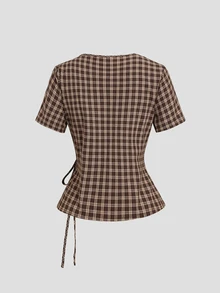 Sweetra French-Style Short-Sleeved Plaid Women's Shirt With A Fitted Waist And Tie, A Simple And Retro Style. - Multicolor - View 2