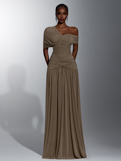 Elitara Elegante vestido de malla verde brillante con escote irregular, cintura ceñida, pliegues y falda acampanada en línea A. Perfecto para citas, despedidas de soltera, bodas y vestidos de noche.