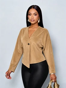 SOLERSUN Women's Autumn/Winter Casual Commute Khaki Wool-Like Fabric V-Neck Asymmetric Hem Button Long Sleeve Jacket - Khaki - View 7
