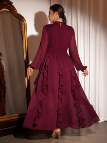 Cravure Gaun Pesta Elegan Ukuran Plus untuk Wanita, Cocok untuk Acara Perjamuan, Ulang Tahun, Kencan, Lengan Panjang dengan Hiasan Rumbai di Bagian Bawah. - Red Violet - View 2