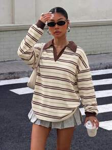 Muchica 女款 Polo 領長袖寬鬆休閒衛衣，厚實面料，適合秋冬穿著 - 彩色 - 查看 6