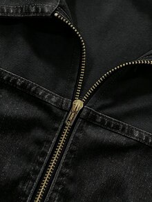 SHEIN 女款法式復古透視網紗花瓣袖拼接丹寧風上衣，翻領前拉鍊修身短夾克 - 黑色 - 查看 5