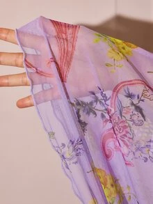 Slumberist Gaun Tidur Wanita Seksi untuk Tamu Pernikahan, Set 2 Potong Cardigan/Camisole Lengan Ruffle Renda Bunga Lavender dengan Ikatan Depan, Cardigan, dan Camisole. - Purple - View 8
