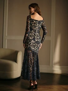 MOTF PREMIUM ELEGANT LACE WOMEN'S MIDI DRESS - Royal Blue - View 3