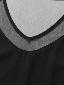 SHEIN PETITE ملابس علوية نسائية كاجوال يومية بأكمام طويلة مع تصميم رقعات شبكية - الأسود - مشاهدة 5