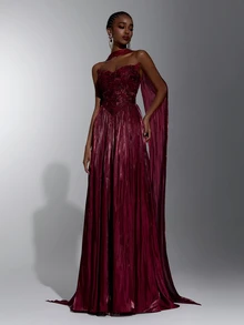 Elitara Burgundy Strapless Ruched Waist Floor-Length Evening Dress With 3D Floral Applique, Formal Wedding Guest Gown For Women (Heavy Embellished Style) - Burgundy - View 4
