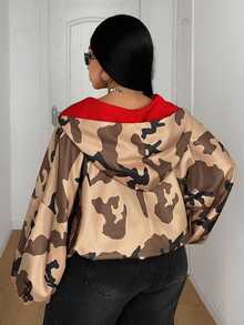 Maweii New Printed Loose Casual Colorblock Short Long Sleeve Jacket - Army Green - View 3