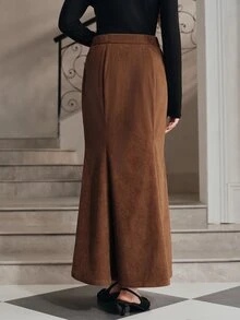 Anewsta Rok Wanita Model Ekor Ikan dengan Hiasan Kancing Warna Cokelat Kopi Modern - Coffee Brown - View 2