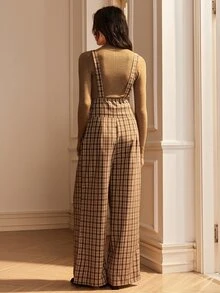Écloséra Overall Model Celana Lebar Khaki Vintage Kotak-kotak Gaya Prancis - Coklat - View 2