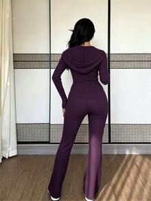 SHEIN Raffinéa 女款休閒時尚日常百搭連帽衛衣，收腰設計附口袋，搭配喇叭羅紋針織長褲，2件套，秋冬款 - 紫色 - 查看 2