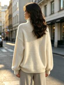 SHEIN Women's High Neck Asymmetrical Button Slit Knit Sweater, Loose Drop Shoulder Long Sleeve Pullover, Elegant Commuter Style, Versatile Knit Top For Autumn/Winter - Apricot - View 2