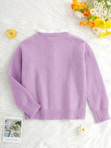 SHEIN 女童針織刺繡拼色立領休閒秋季開襟衫 - 紫色 - 查看 4