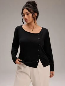 SHEIN BASICS كنزة صوفية نسائية مقاس كبير بلون موحد كاجوال للاستخدام اليومي بأكمام طويلة - الأسود - مشاهدة 4