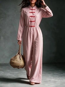 Breezaya Women's Fashion Frog Button Placket Pocket Wide Leg Casual Jumpsuit - Pink - View 4