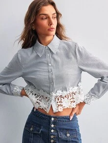 Willow Rêve Women's Blue Striped Embroidered Hem Short Blouse - Blue and White - View 8