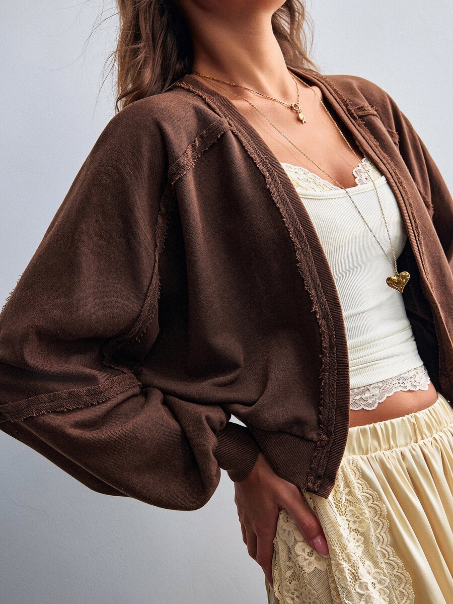 Willow Rêve Women's Brown Drop Shoulder Long Sleeve Sweatshirt Jacket Suitable For Daily Wear - Brown - View 1