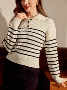 Vintamour Cream White & Black Ribbed Ribbed Polo Collar Knit Sweater, Loose Fit Long Sleeve For Women - Black and White - View 5