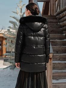Anewsta Women's Autumn/Winter Mid-Length Black Fur Collar Hooded Waist-Cinching Drawstring Commuter Padded Coat - Black - View 7