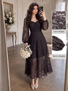 Modelyn Autumn/Winter Lace Waist-Cinching Slimming Elegant Fashionable Long Dress - Coffee - View 9
