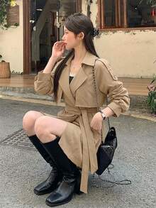 DAZY 商務休閒純色女款風衣外套 - 卡其色 - 查看 5