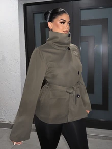 SHEIN SXY Women's Solid Color Long Sleeve Single-Breasted Casual Trench Coat Jacket - Khaki - View 5